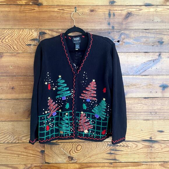Designers Originals Studio ribbon Christmas tree & snowman sweater size Large - Picture 1 of 7